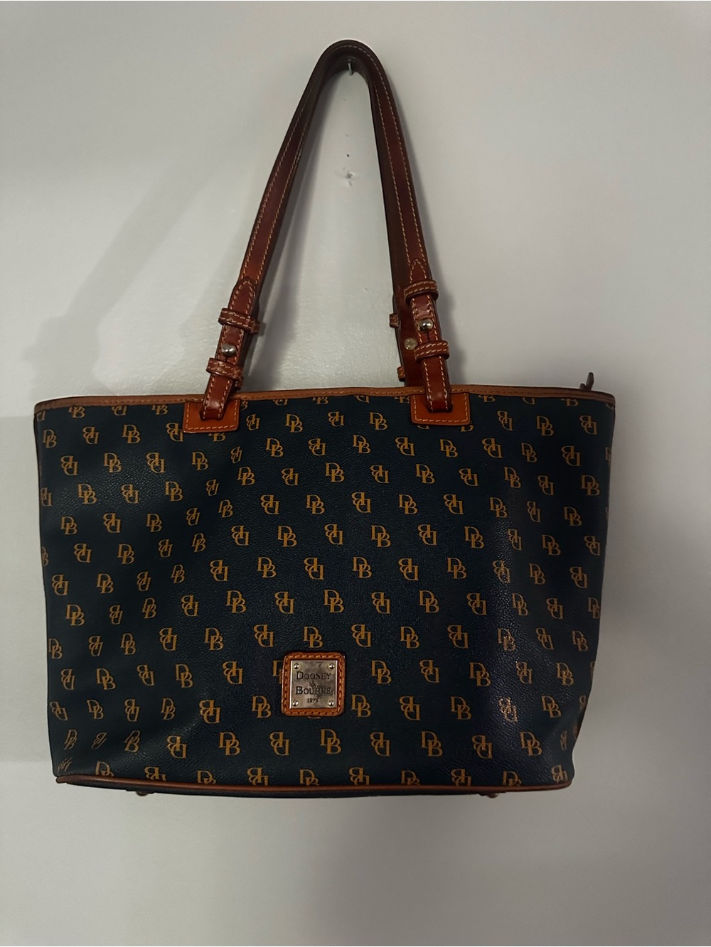 Dooney & Bourke Navy Logo Monogram Tote with Brown Trim
